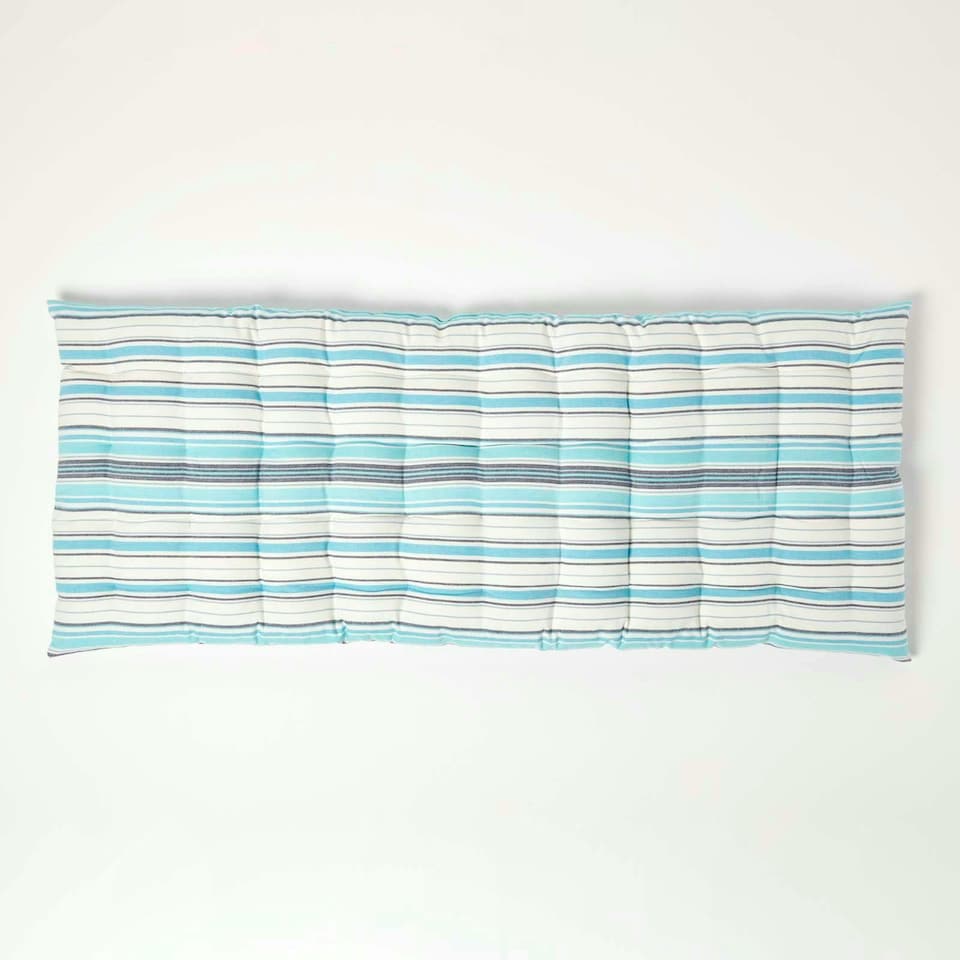 image 1 of Homescapes Garden Bench Cushion Luxury 2 Seater Cotton Stripe Indoor Outdoor Seat Pad | Blue | 108 x 42 cm | 1