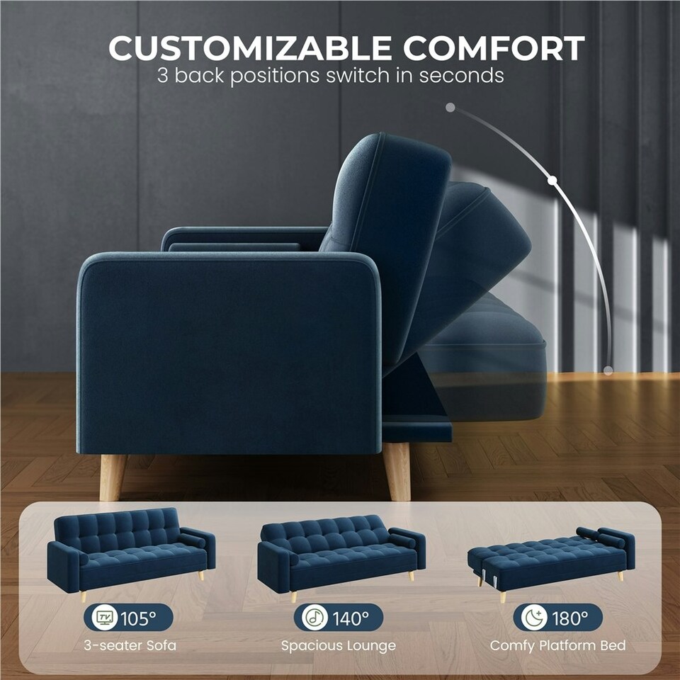 image 1 of Yaheetech Velvet Convertible Sofa Bed Blue