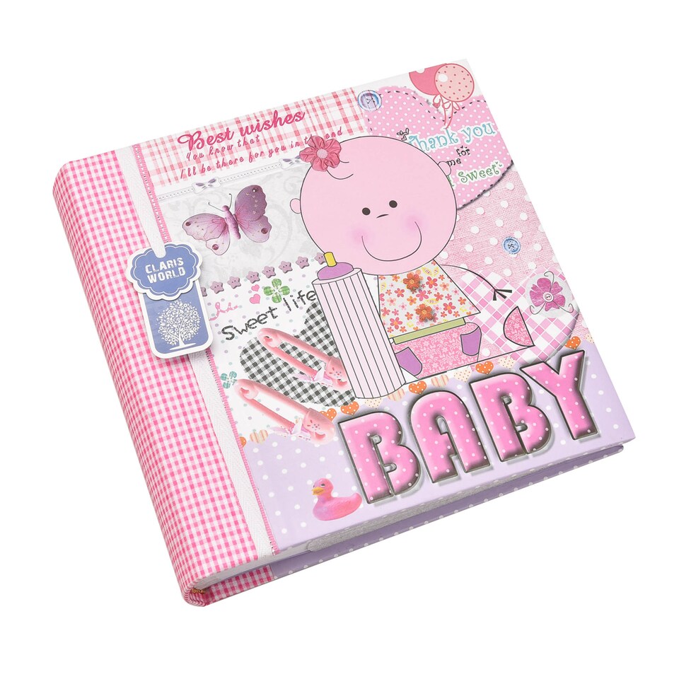 image 1 of ARPAN Baby Photo Album 6x4 for 200 Photos, Pink Baby Girl Memo Slip-In Album with Writing Space, Index Page & CD/DVD Pocket, First Year Memory Book & Milestone Keepsake