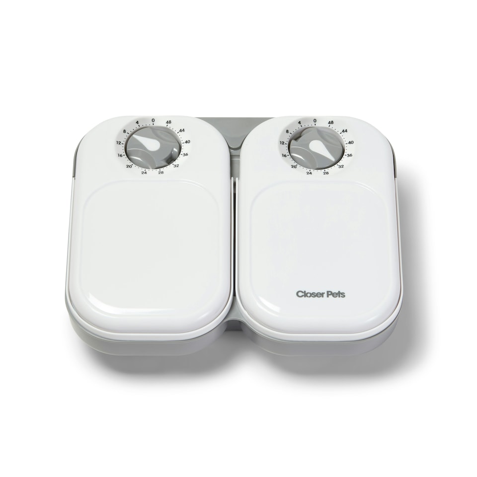 image 1 of Closer Pets Two-Meal Automatic Dry/Wet Food Pet Feeder with Stainless Steel Bowl Inserts (C200) White