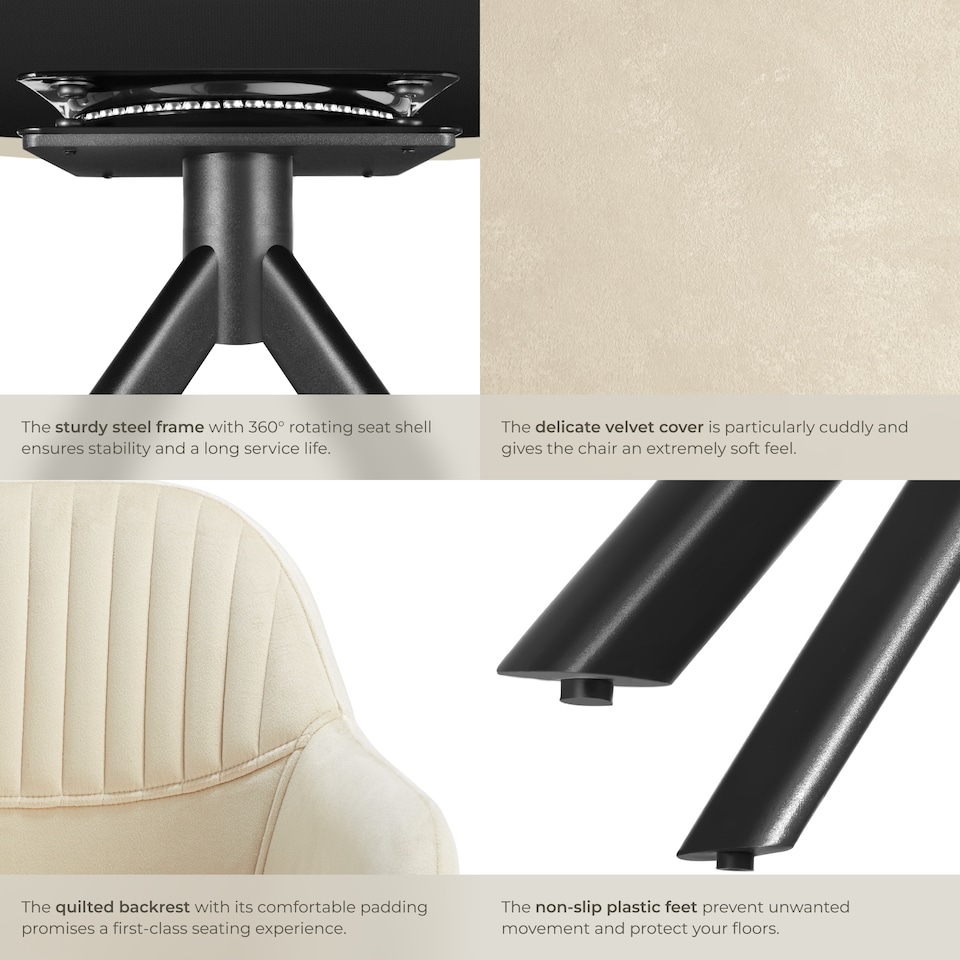 image 1 of Lounge Armchair Living Room Accent Chair 360 Swivel Slim Steel Legs Velvet Fabric | Cream | cream/black | 6