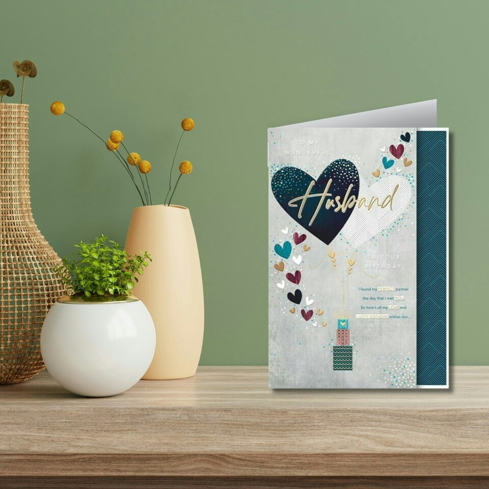 image 1 of Words 'n' Wishes Wonderful Husband Large Birthday Card, Heart Balloons with Embossed Foiled Finish