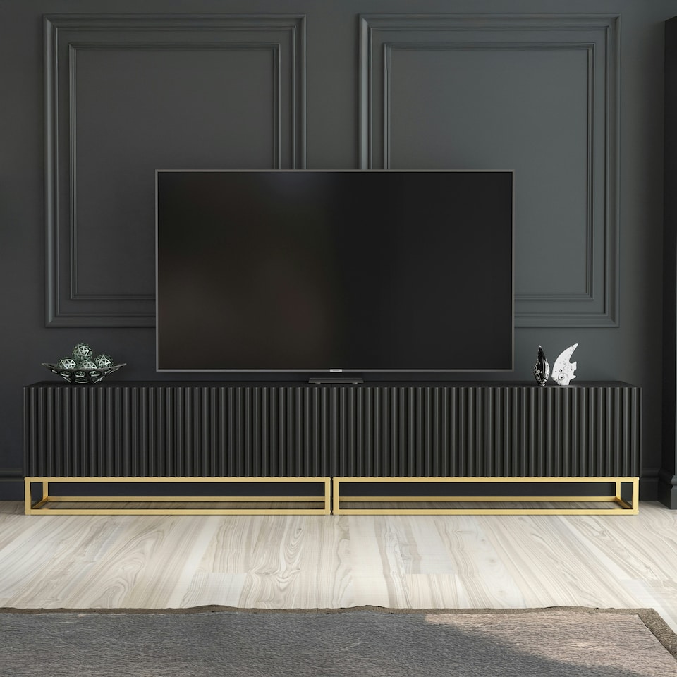 image 1 of Modular TV Unit 200cm Black Matt with Fluted Fronts and Gold Base Black