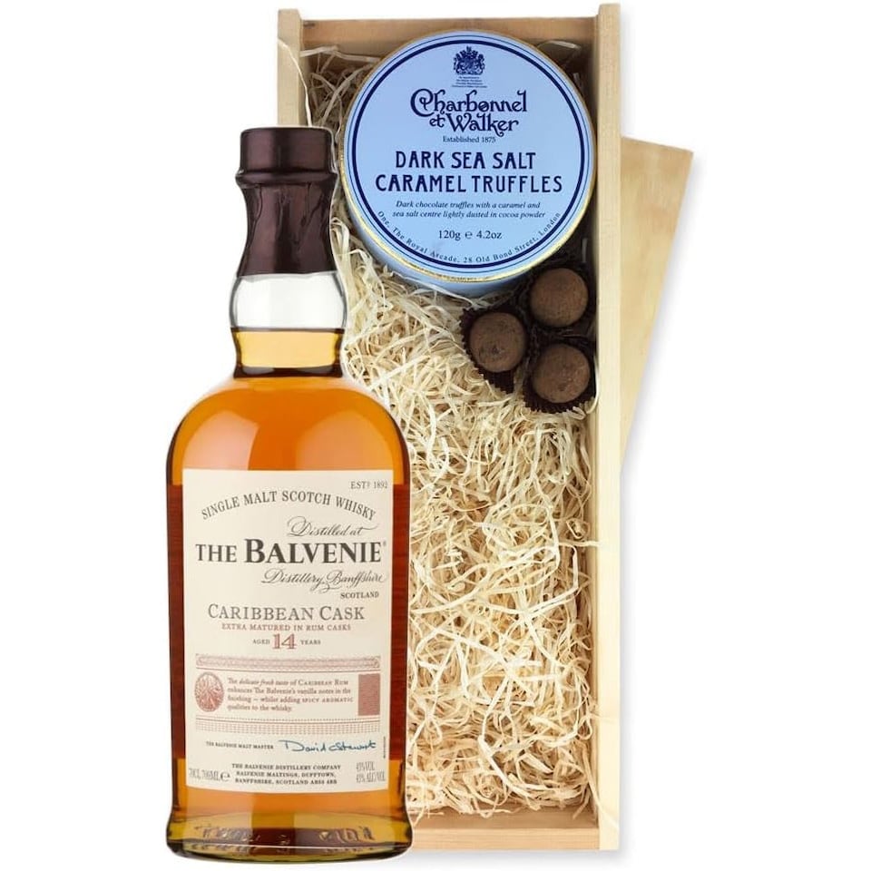 image 1 of Balvenie Caribbean Cask 14 Year Old Whisky And Dark Sea Salt Charbonnel Chocolates Box 70cl 43% abv