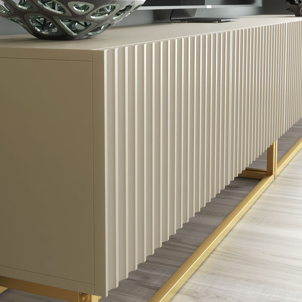 image 1 of TV Unit TV Stand Cashmere Gold Fluted Modular Media Console Sideboard Storage 200cm