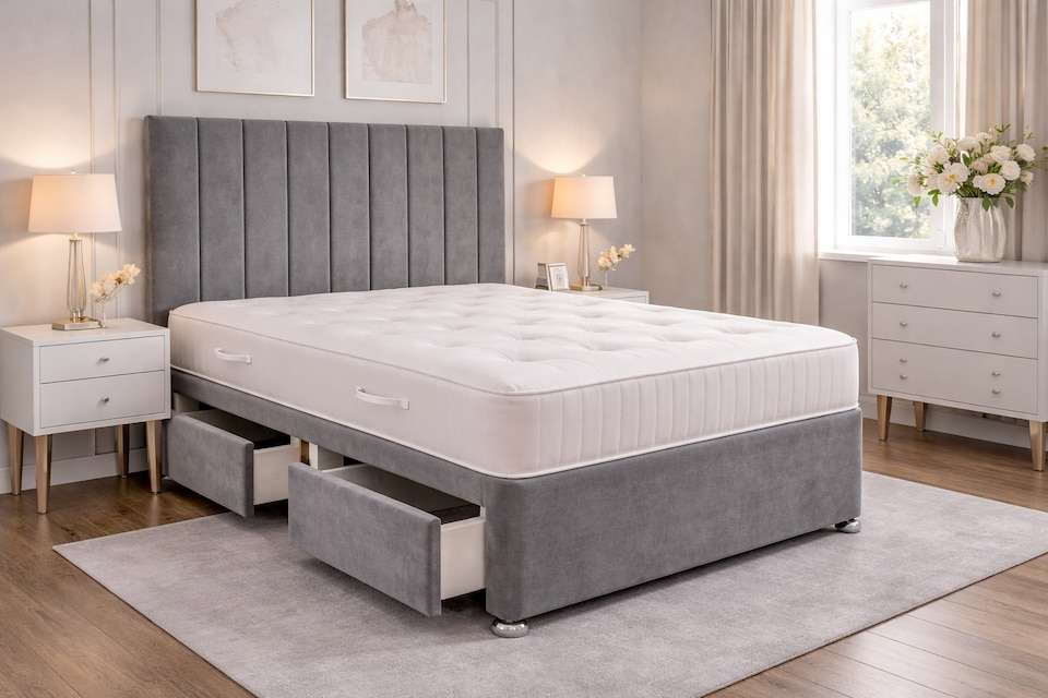 Grey divan plush 4ft small double bed set with mattress and headboard 2 Drawers Same Side