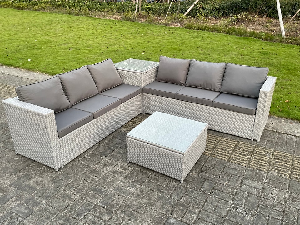 image 1 of Fimous 6 Seater PE Wicker Light Grey Rattan Garden Corner Sofa Sets Outdoor Patio Furniture Coffee Table