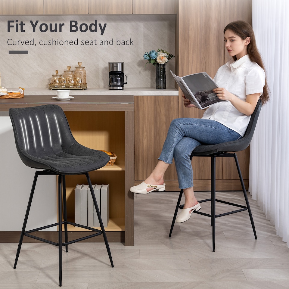 image 1 of HOMCOM Swivel Bar Stools Set of 2, PU Leather Upholstered Bar Chairs, Black | Black | Black