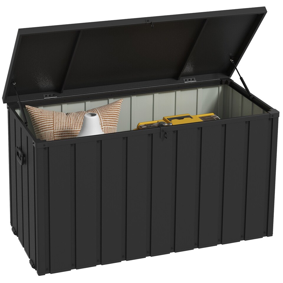 image 1 of Outsunny 450 Litre Garden Storage Box, Outdoor Storage Box with Wheels and Handles, Lockable Galvanised Steel Outside Deck Box Organiser for Tools, Cushions, Dark Grey