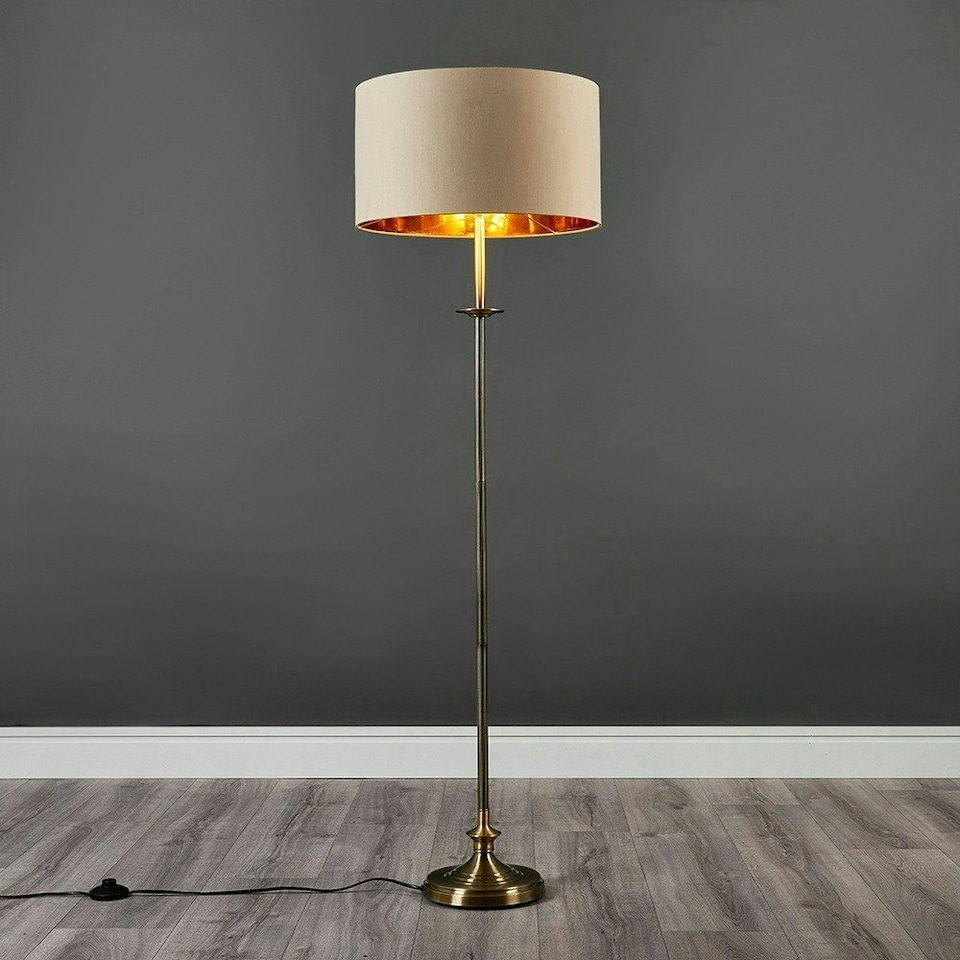 image 1 of ValueLights Traditional Style Antique Brass Sconce Floor Lamp With Beige Gold Drum Shade