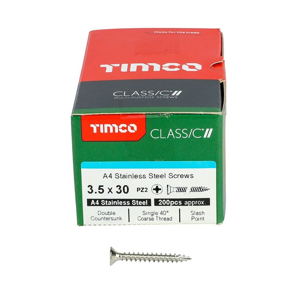 image 1 of Timco - Classic Multi-Purpose Screws - PZ - Double Countersunk - A4 Stainless Steel (Size 3.5 x 30 - 200 Pieces)