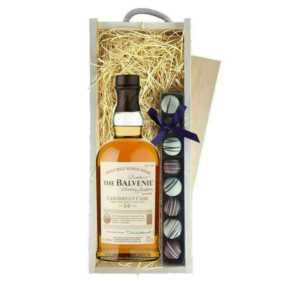 image 1 of Balvenie Caribbean Cask 14 Year Old Whisky & Truffles, Wooden Box 70cl 43% abv