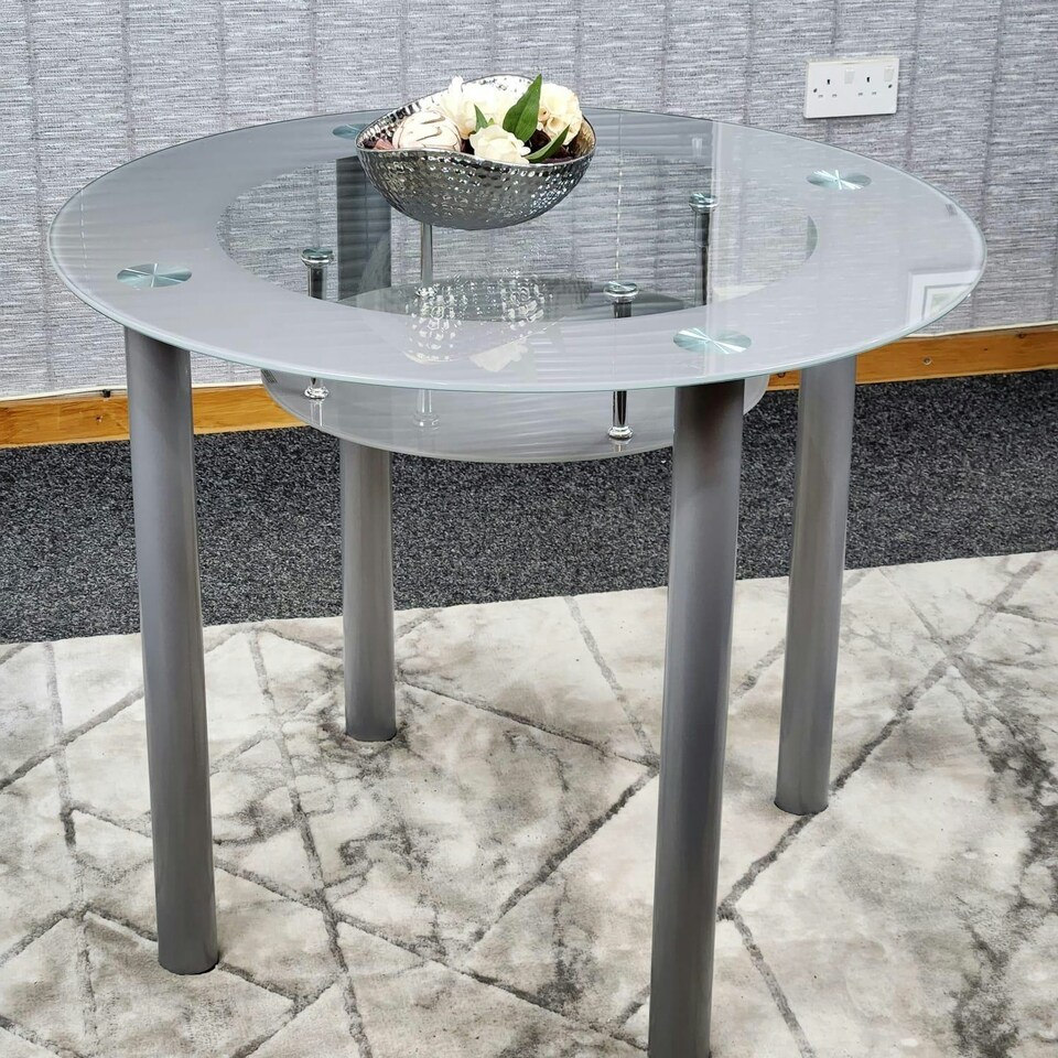 image 1 of Glass Grey Dining Table Round Dining Table Dining Room Kitchen Furniture Grey