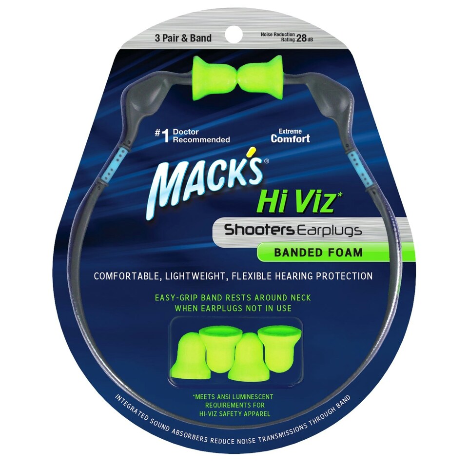 image 1 of Hi Viz Banded Foam Shooting Earplugs, 3 Pair with Band - 28dB High NRR