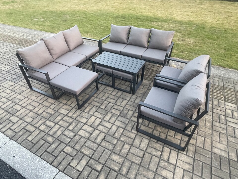 image 1 of Fimous Aluminium Outdoor Garden Furniture Lounge Sofa 2 PC Chairs Oblong Coffee Table Sets with 3 Footstools Dark Grey