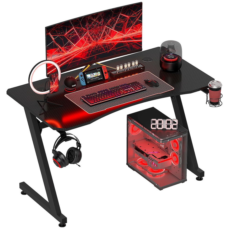 image 1 of HOMCOM Gaming Desk 120 x 65 cm Steel Frame with Cup Holder, Headphone Hook, Adjustable Feet and Cable Organiser, Home Office Computer Table, Black