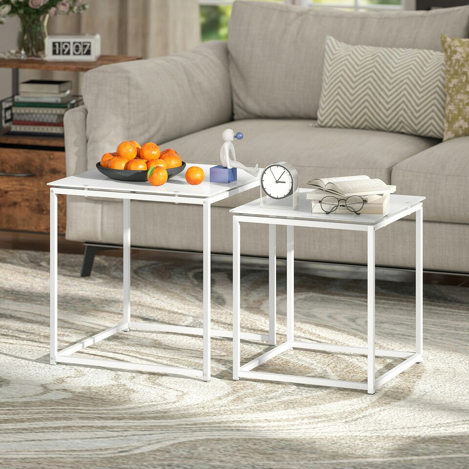 image 1 of HOMCOM Nest of 2 Side Tables Set of Bedside Tables for Living Room White White