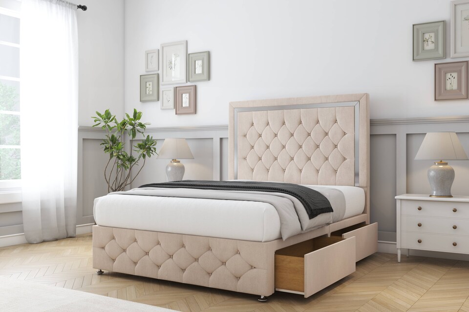 image 1 of Sloomy Sofia Chrome Sand Naples Divan Bed With Mattress 2 Drawers Right Side With 54" Floor Standing Headboard & 12" Matching Footboard 5' King | Cream | Sand | King | 1