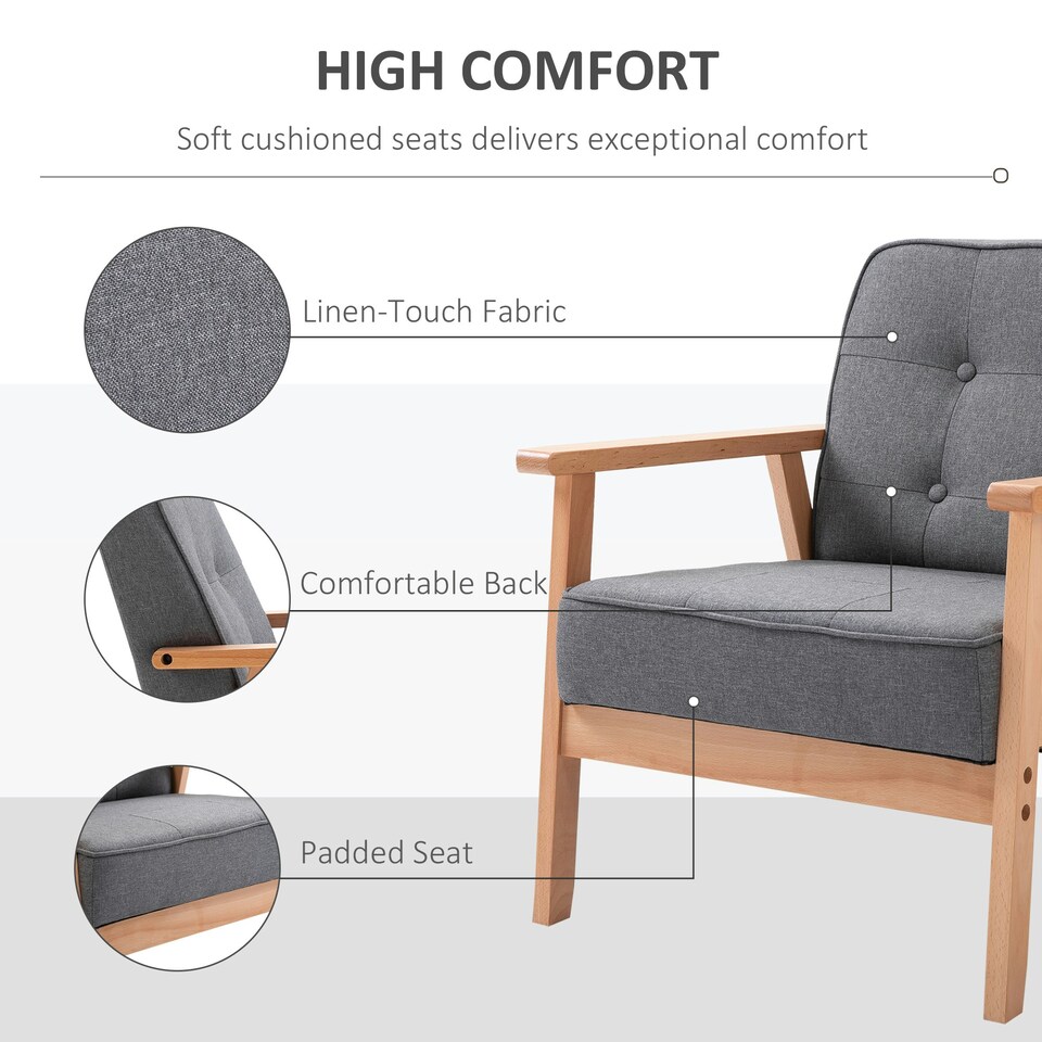 image 1 of HOMCOM Accent Chair Linen Armchair w/ Armrests for Living Room Grey Natural