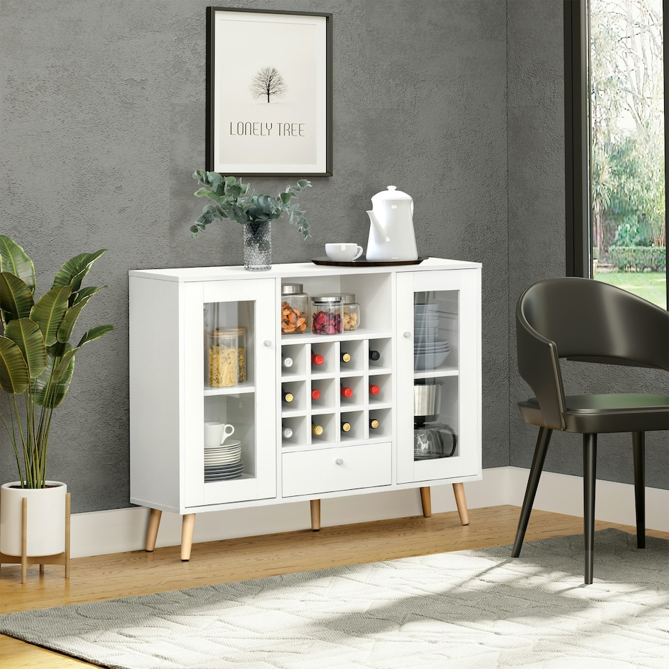 image 1 of HOMCOM Sideboard Cabinet Kitchen Cupboard with Glass Doors, Drawer & Wine Rack White | Natural wood legs