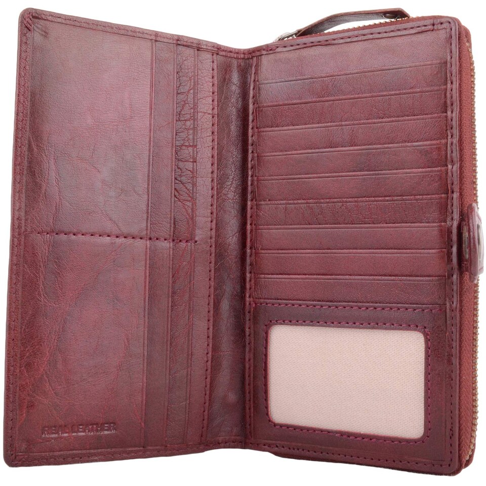 image 1 of London Leathergoods Womens Large Multi-Functional Buffled Crumple Leather RFID Clutch Purse | Red | Dark Red