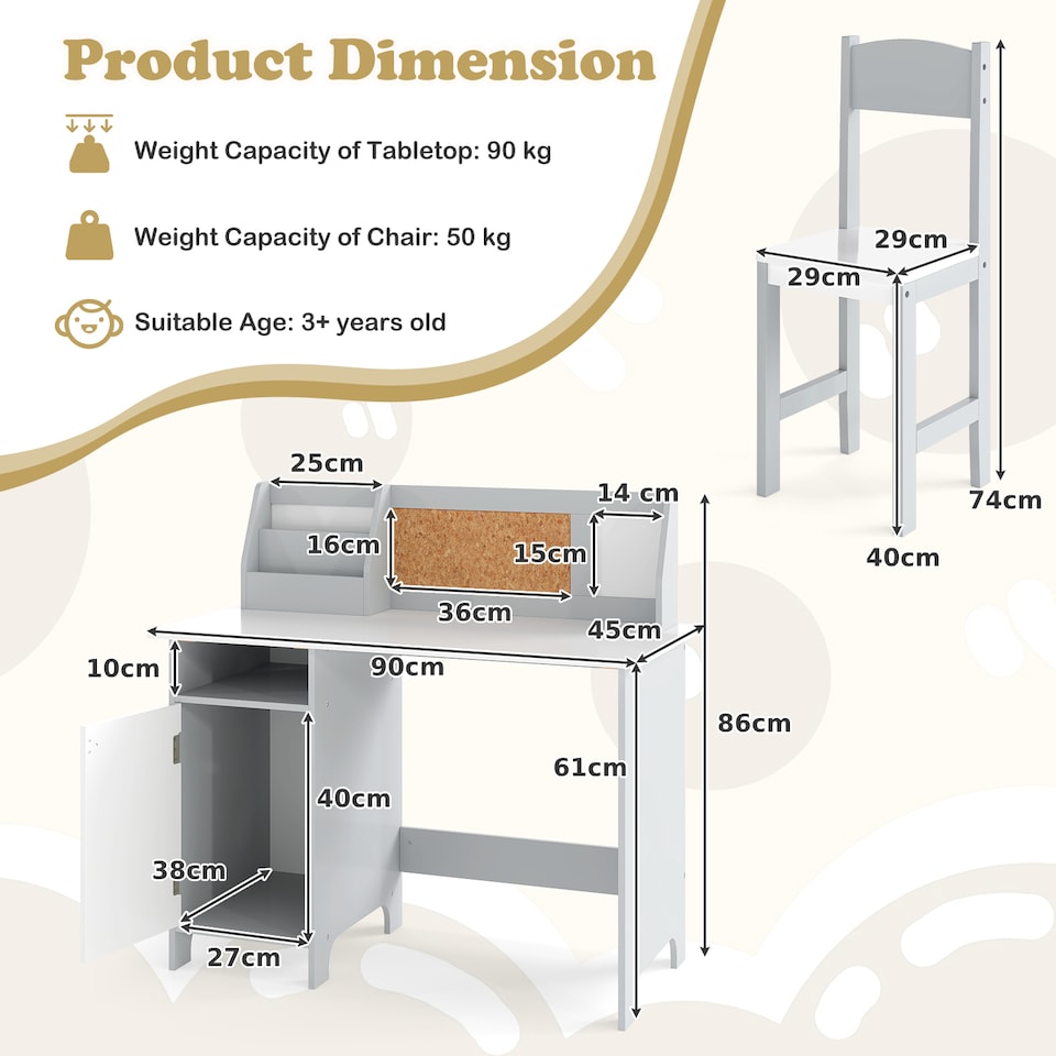 image 1 of COSTWAY Kids Table and Chair Set Children Study Table With  Hutch-Grey