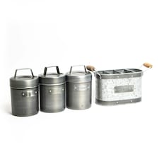 4pc Industrial Kitchen Storage Set with Galvanised Steel Utensil Holder and Tea, Coffee & Sugar Metal Storage Canisters