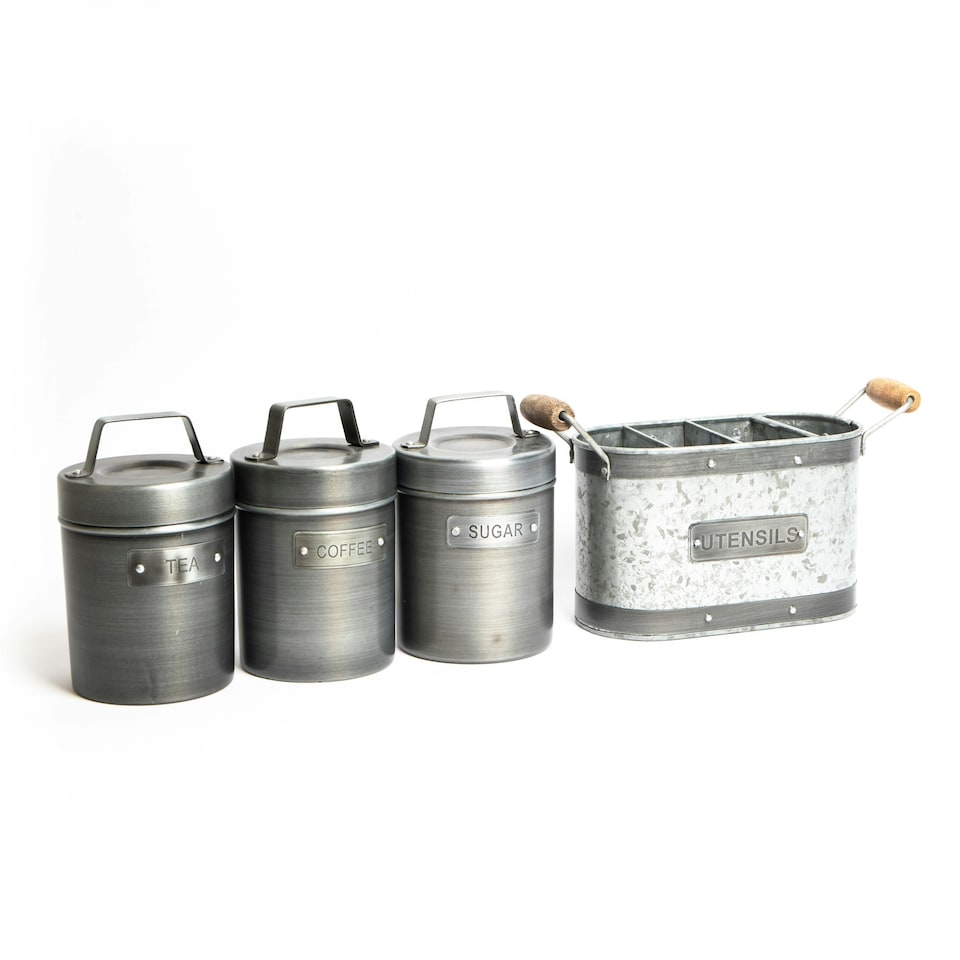 image 1 of 4pc Industrial Kitchen Storage Set with Galvanised Steel Utensil Holder and Tea, Coffee & Sugar Metal Storage Canisters