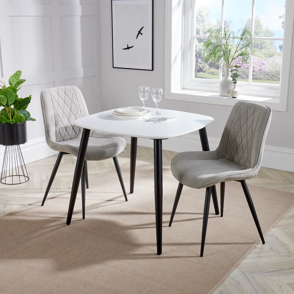 image 1 of Aspen White 80cm Square Dining Table with 2 Upholstered Cord Fabric Diamond Stitch Chairs - Compact Modern Dining Set | Grey | White | One Size | 1