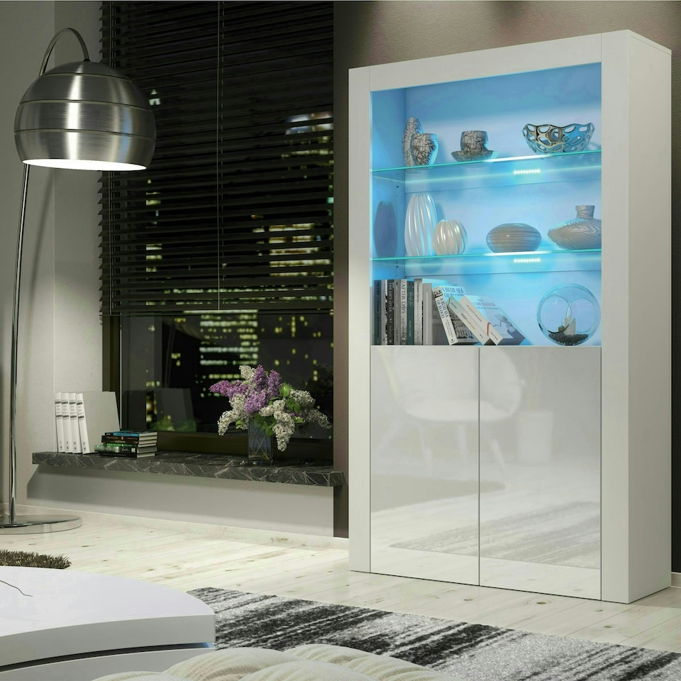 image 1 of White Display Cabinet 100cm Gloss Doors Free LED Modern Tall Unit White