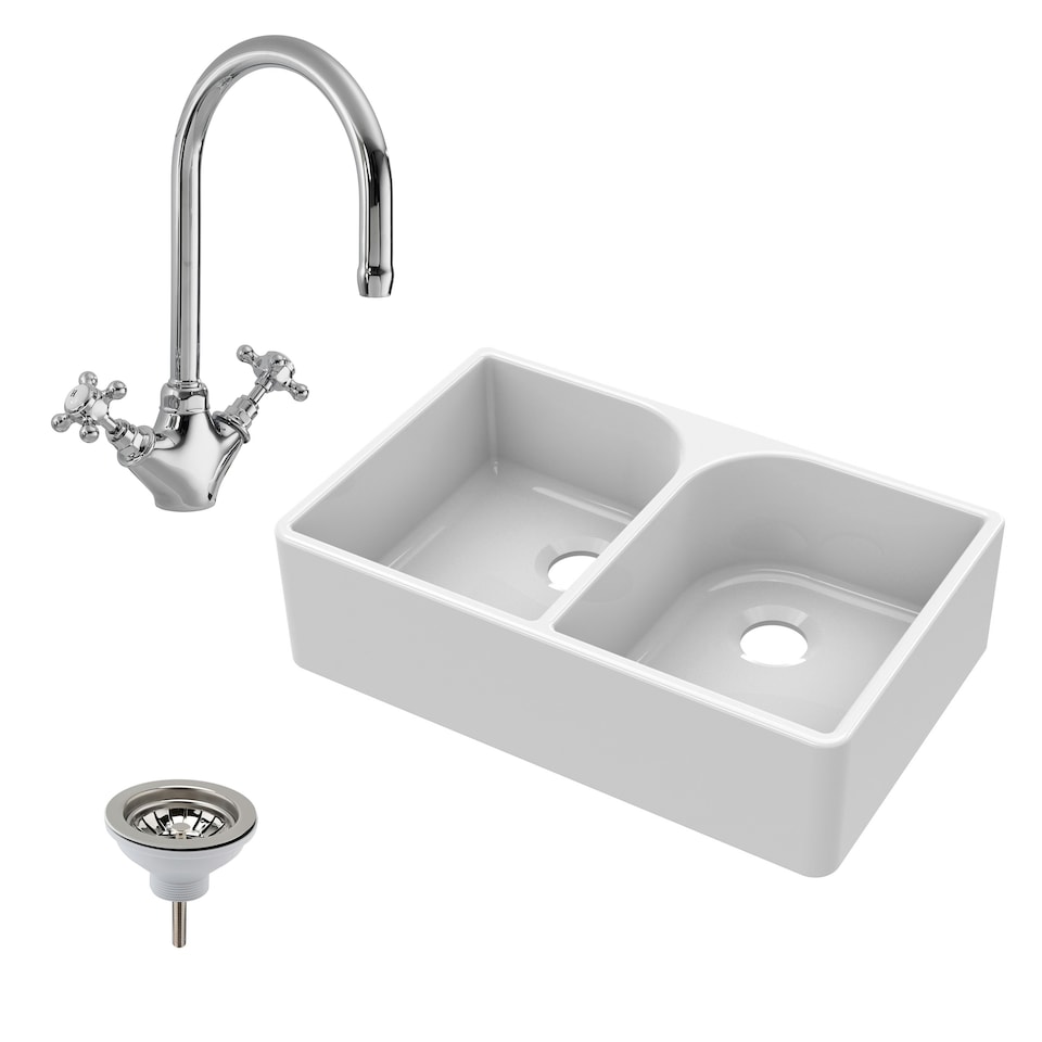 image 1 of 795mm - Fireclay Double Bowl Full Weir Butler Kitchen Sink -  Mono Mixer Tap & Waste