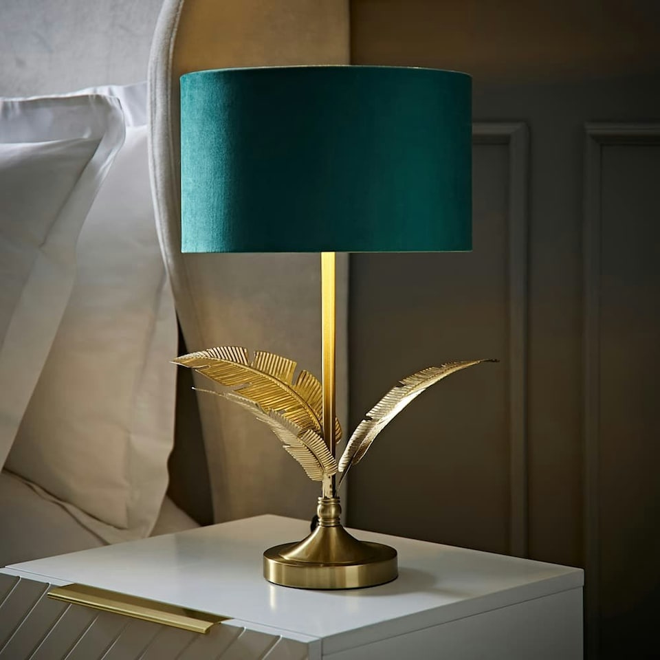image 1 of ValueLights Christina Green Velvet with Gold Inner Drum Shade Gold Palm Leaf Table Lamp Gold