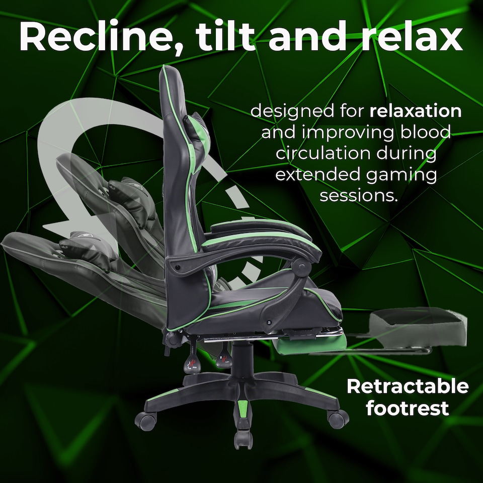 image 1 of Neo Gaming Chair Green & Black Leather with Footrest