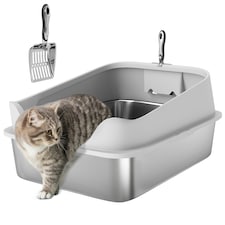PawHut Stainless Steel Cat Litter Box with High Sides Grey | L