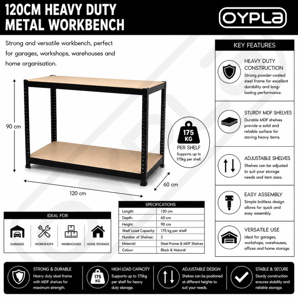 image 1 of Industrial Heavy Duty Steel Workbench Table Shelving Garage Shed | Black