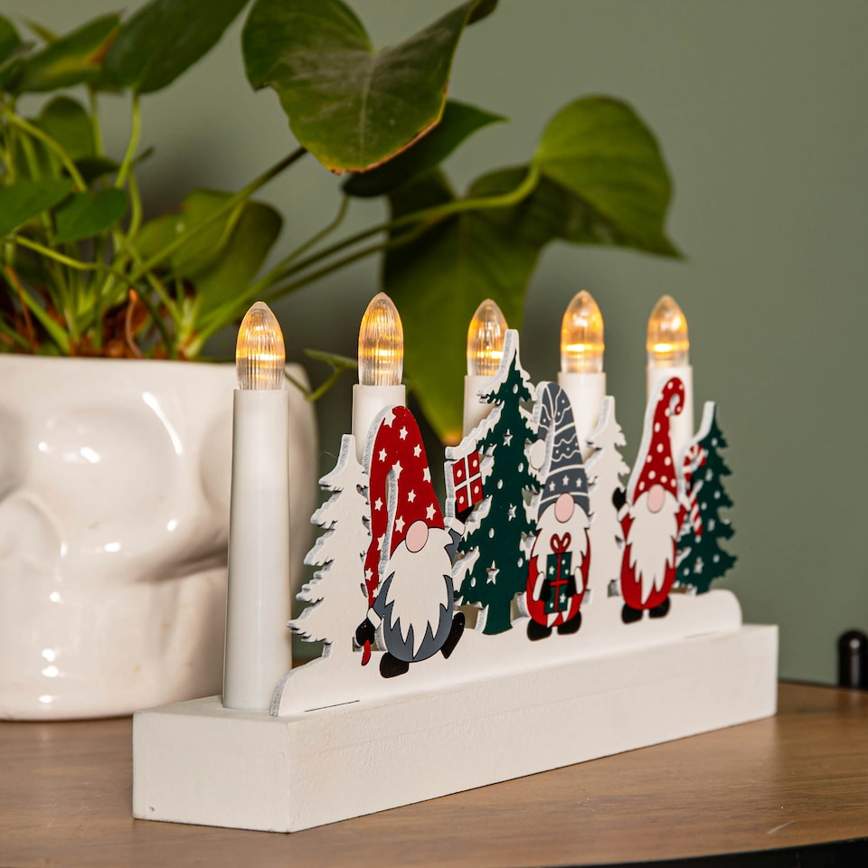 image 1 of 28cm Battery Operated Light up White Wooden Christmas Candle Bridge with Gonk Scene and 5 LEDs