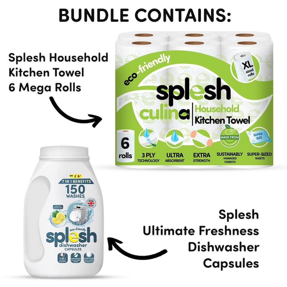 image 1 of Splesh Culina XL Kitchen Towel 3 Ply 6 Rolls with 3in1 Dishwasher Tablets 150W | White | One size