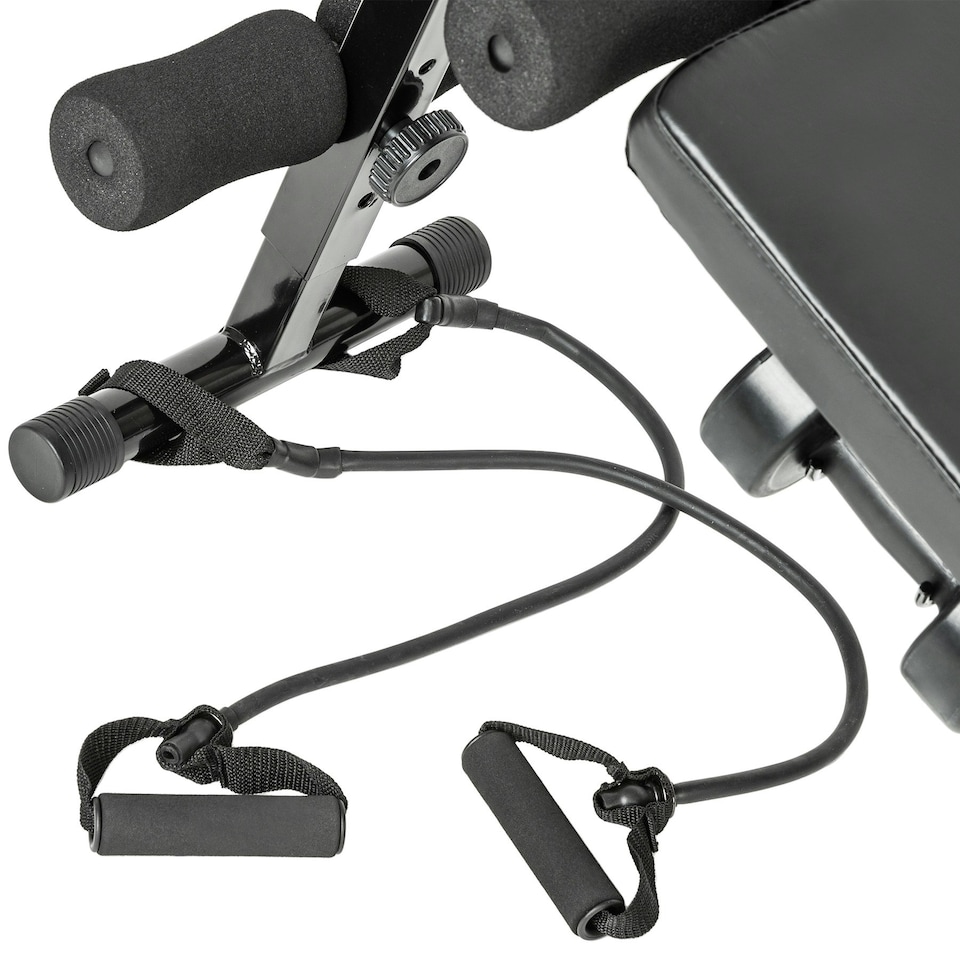 image 1 of Sit-Up Bench Cuttler - 6 positions, padded leg brace, foldable, inc. 2 dumbbells and elastic bands