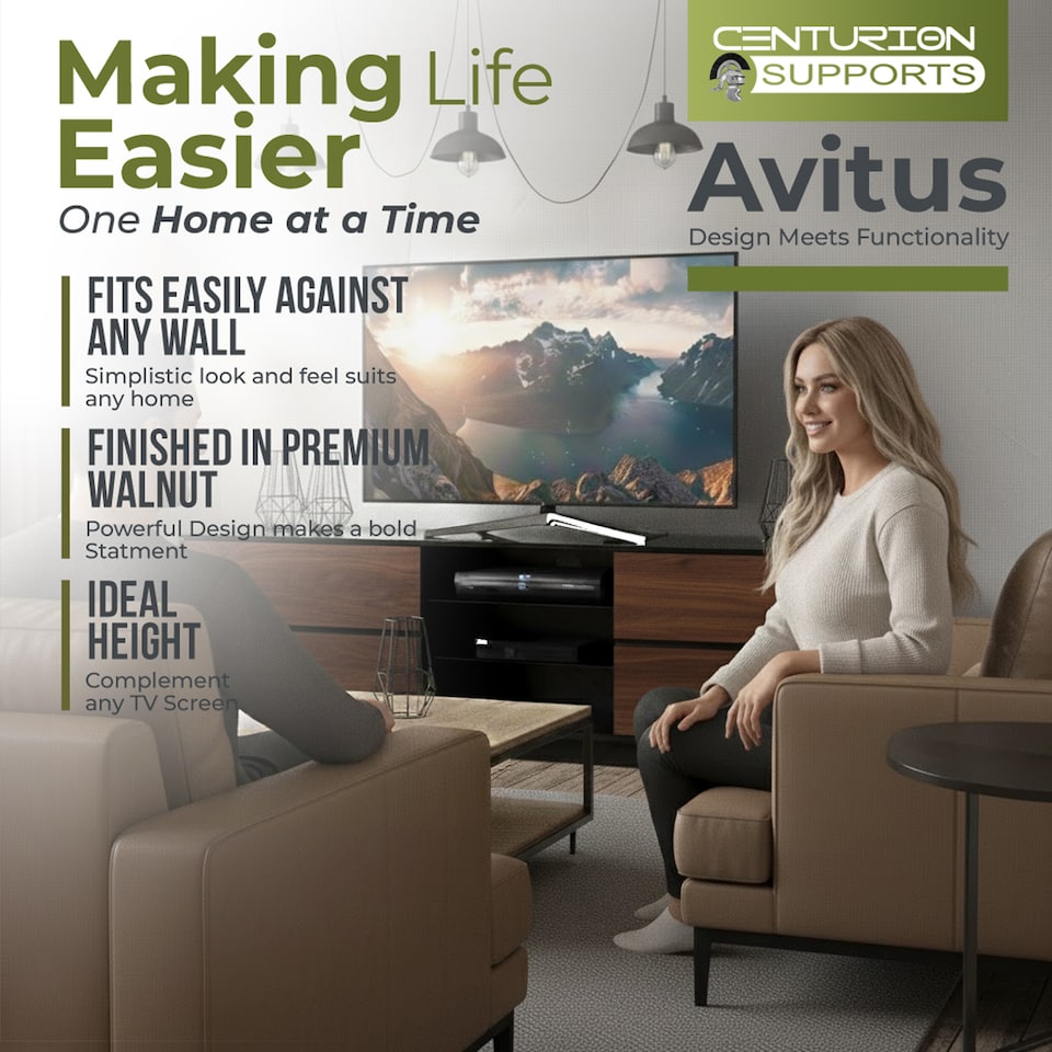 image 1 of Centurion Supports Avitus Gloss Black with 4-Walnut Drawers and 3-Shelf 32"-65" LED/LCD/Plasma TV Stand | Black | 1