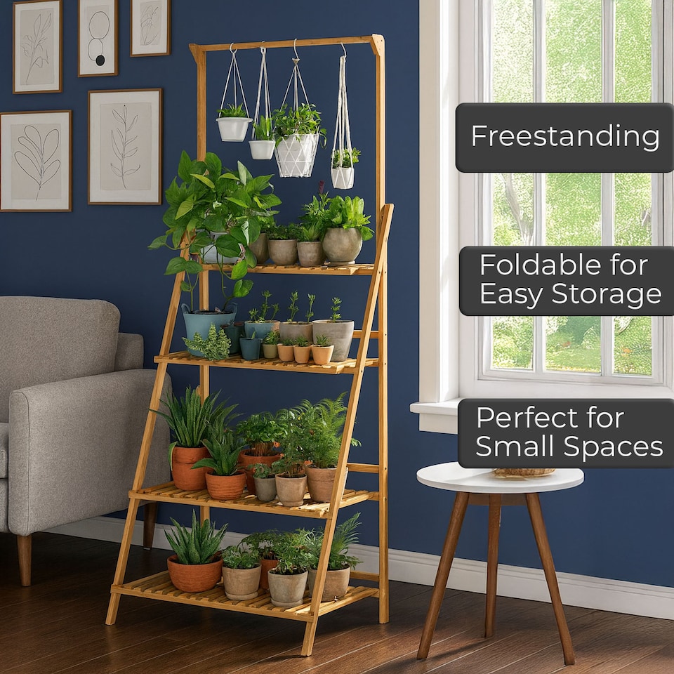 image 1 of Neo 3‑Tier Foldable Indoor & Outdoor Bamboo Plant Stand with Hanging Hook
