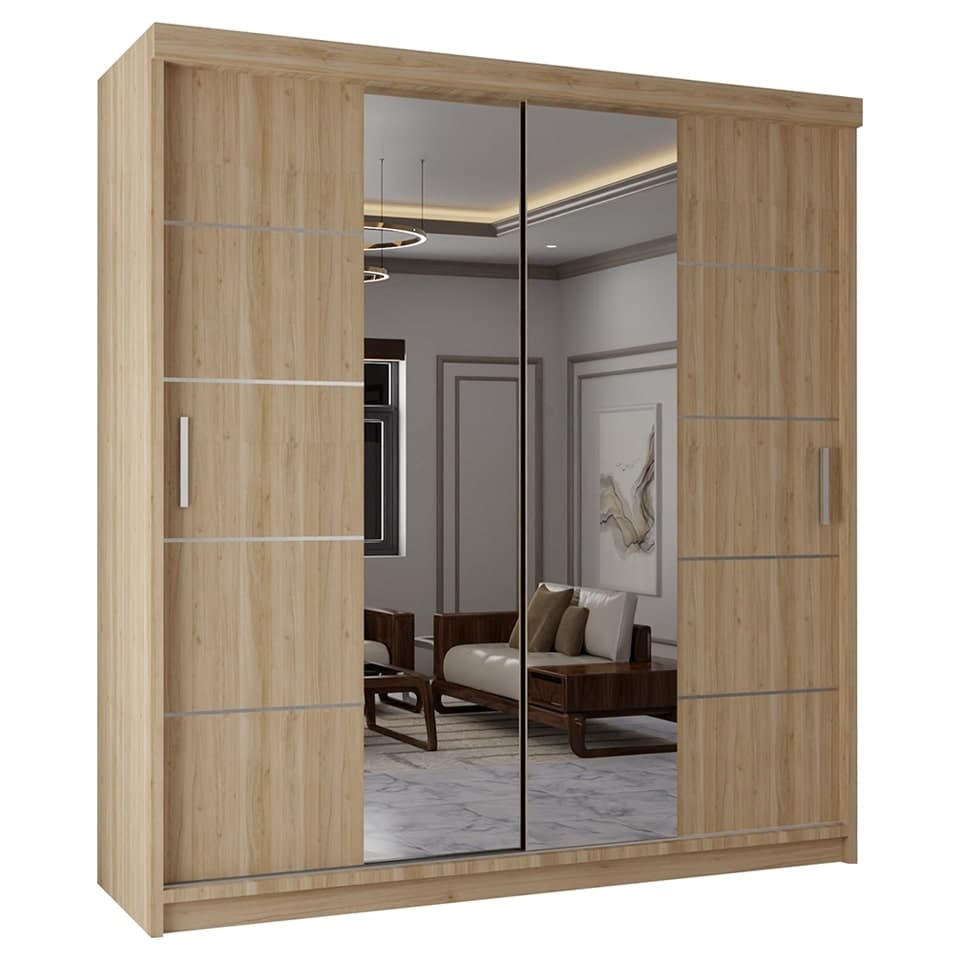 Modern Panelled Mirror Sliding Wardrobe for Bedroom Storage - Oak 203cm