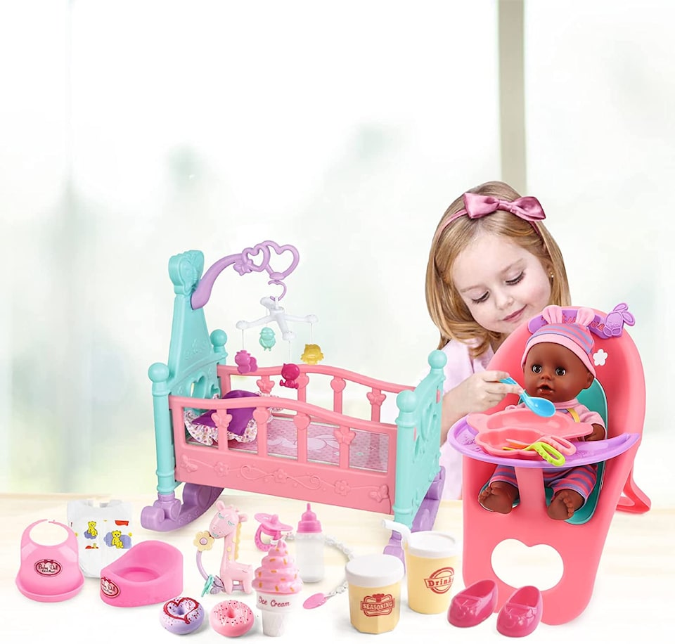 image 1 of 12inch My First Baby Doll - 15-Piece Role Play Set with Cradle Cot, Highchair & Realistic Features