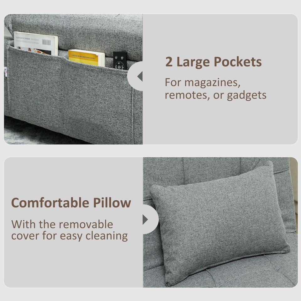 image 1 of HOMCOM 4-in-1 Sofa Bed, Convertible Sleeper Chair Bed with Adjustable Backrest, Fabric Pull Out Chaise Lounge with Pockets for Living Room, Bedroom, Home Office, Small Space, Light Grey | Grey | Light Grey