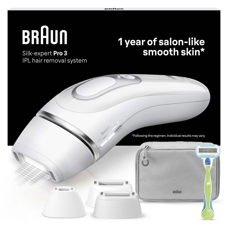 image 1 of Braun Silk·expert Pro 3, Women’s IPL, At Home Hair Removal Germanyvice with Pouch, White/Silver, PL3233