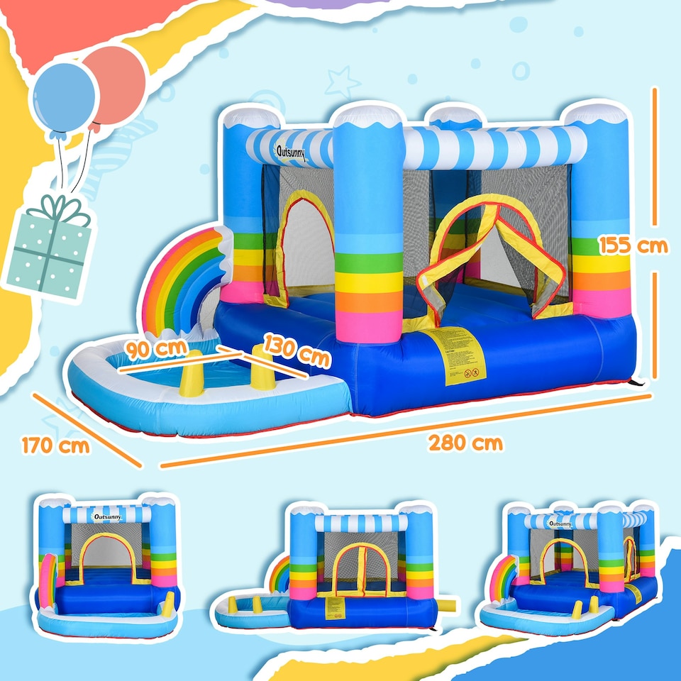 image 1 of Outsunny Kids Bouncy Castle with Pool Outdoor Trampoline W/ Net Blower 3-8 Yrs