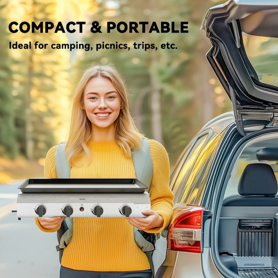 image 1 of Outsunny Gas Grill, Gas BBQ with Non-Stick Griddle for Camping, Silver Tone