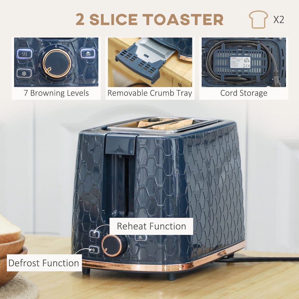 image 1 of HOMCOM Kettle and Toaster Set 1.7L Fast Boil Kettle & 2 Slice Toaster Set Blue