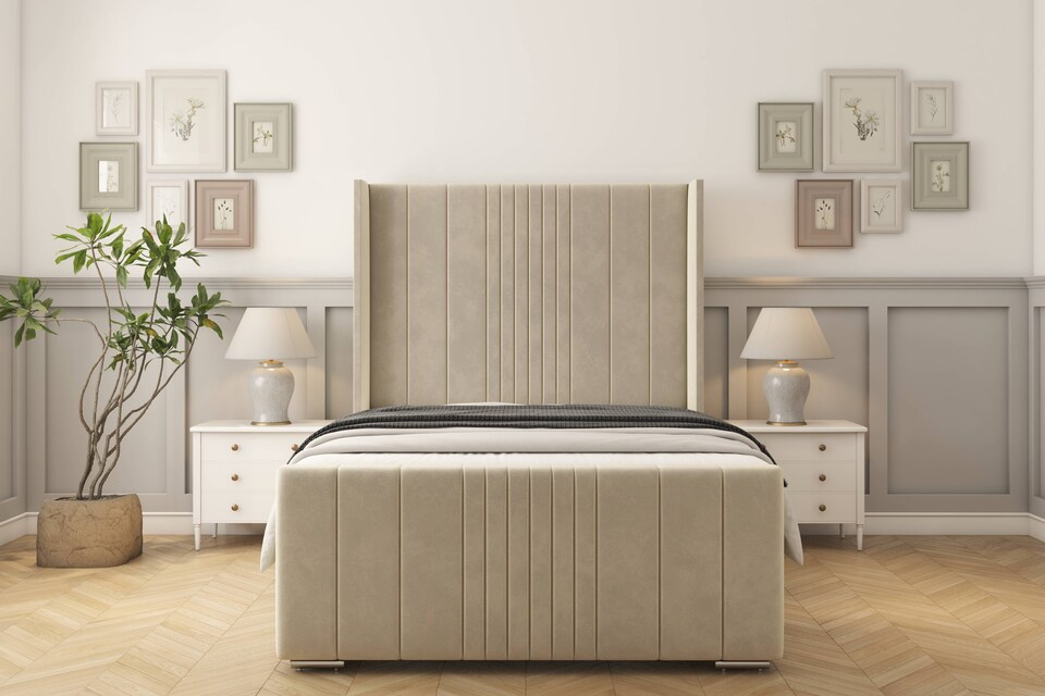 image 1 of Sloomy Hargrave Cream Plush Bed Frame With Mattress With 50"  Upholstered Wingback Headboard 5' King