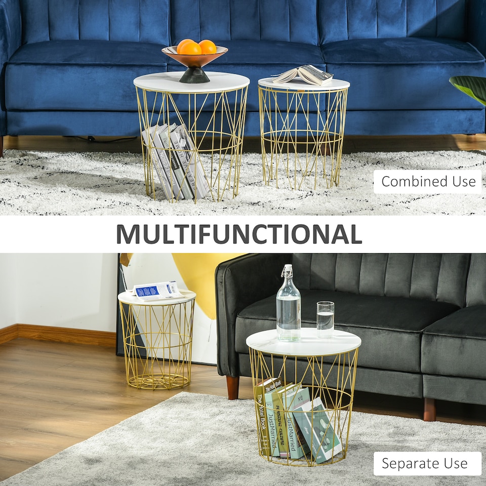 image 1 of HOMCOM Set of 2 Nesting Side Tables with Storage, Round End Tables Coffee Tables with Steel Frame and Removable Round Top, for Living Room, bedroom, office, White | White