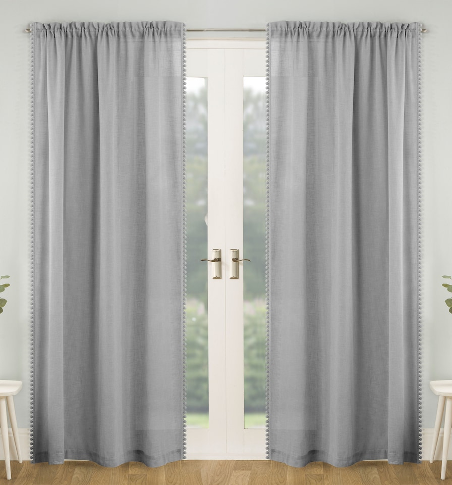 image 1 of Pair of Tahiti White Pom-Pom Trim Linen Look Voile Panels with Rod Pocket Header 122 CMS